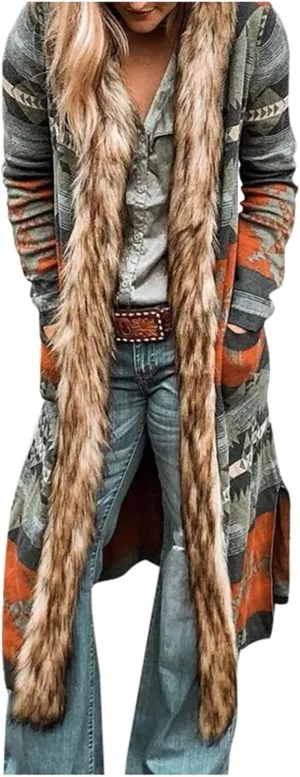 Fur Neck Coats for Women Ethnic Long Jackets Geometric Pattern Overcoats Long Sleeve Cardigan Coats