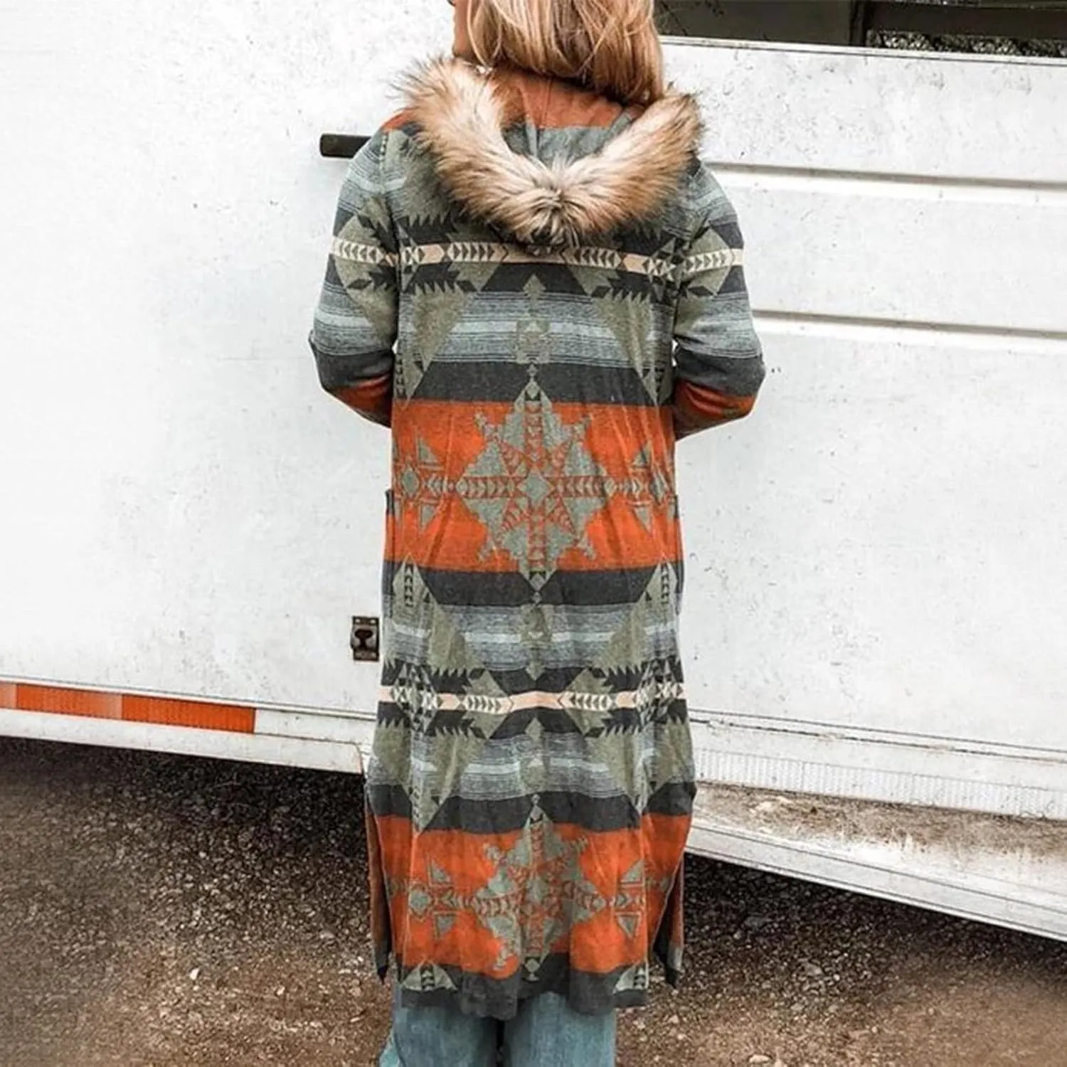 Fur Neck Coats for Women Ethnic Long Jackets Geometric Pattern Overcoats Long Sleeve Cardigan Coats