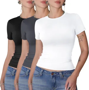 GAYHAY 3 Pack Basic Tees for Women - Crew Neck Slim Fit Tight T Shirts Cute Y2K Trendy Crop Tops Clothes for Casual Summer