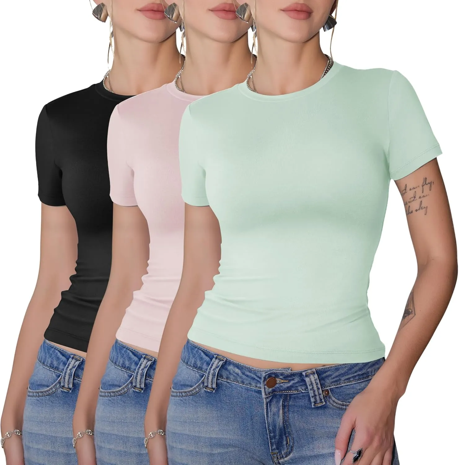 GAYHAY 3 Pack Basic Tees for Women - Crew Neck Slim Fit Tight T Shirts Cute Y2K Trendy Crop Tops Clothes for Casual Summer
