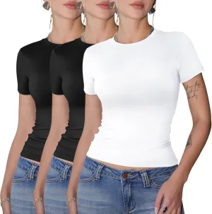 GAYHAY 3 Pack Basic Tees for Women - Crew Neck Slim Fit Tight T Shirts Cute Y2K Trendy Crop Tops Clothes for Casual Summer