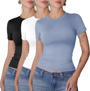 GAYHAY 3 Pack Basic Tees for Women - Crew Neck Slim Fit Tight T Shirts Cute Y2K Trendy Crop Tops Clothes for Casual Summer