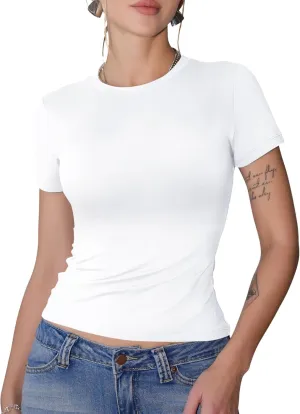 GAYHAY Womens Basic T Shirts Crew Neck Short Sleeve Slim Fitted Tees Y2K Cute Trendy Summer Crop Tops for Women Teen 2025