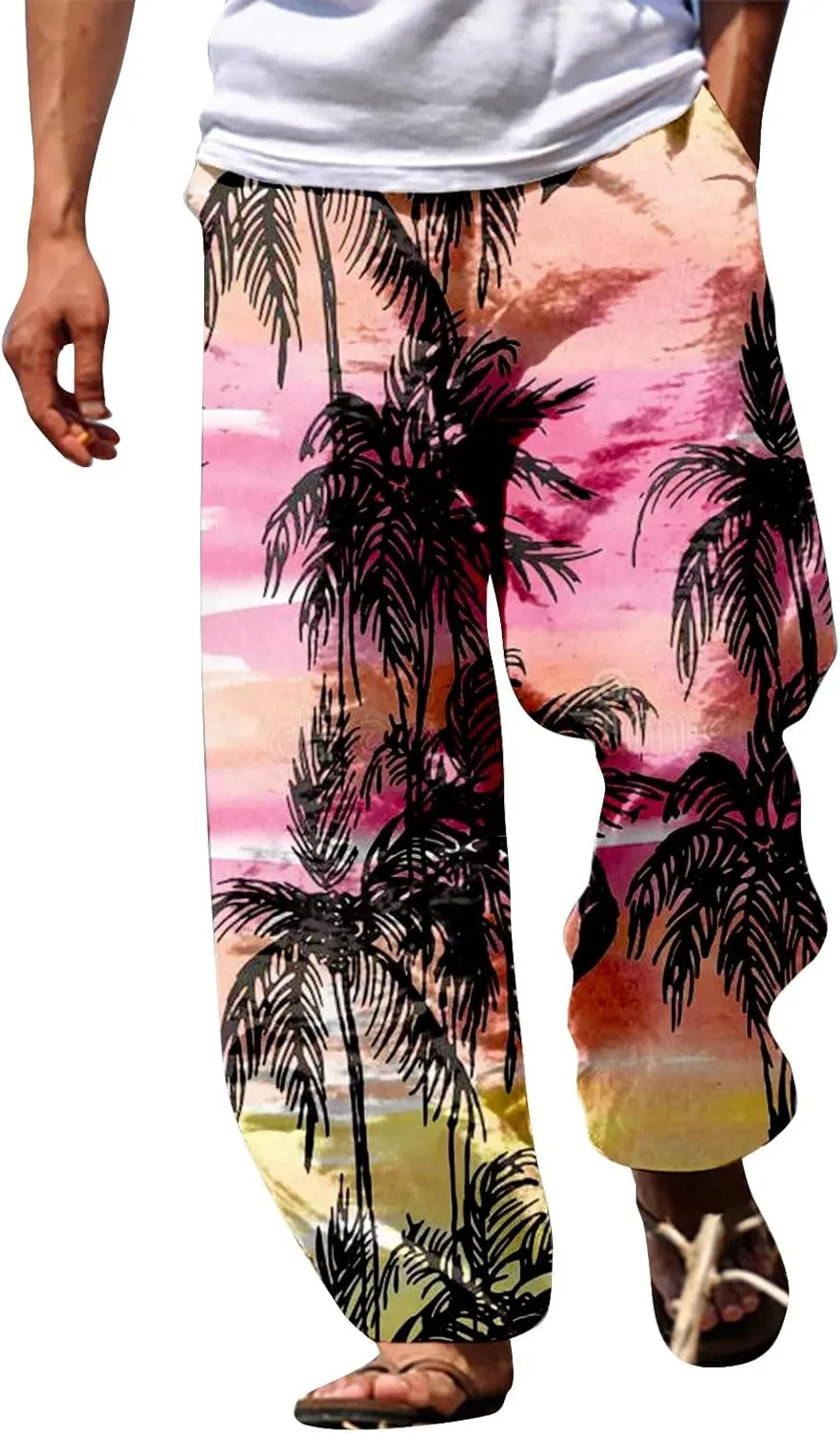 GIERIDUC Mens Casual Linen Pants Loose Fit Elastic Drawstring Waist Straight Leg Hippie Trousers Summer Yoga Beach Long Pants