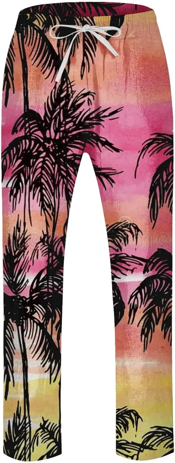 GIERIDUC Mens Casual Linen Pants Loose Fit Elastic Drawstring Waist Straight Leg Hippie Trousers Summer Yoga Beach Long Pants