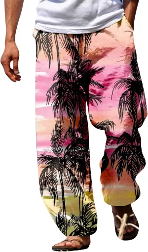 GIERIDUC Mens Casual Linen Pants Loose Fit Elastic Drawstring Waist Straight Leg Hippie Trousers Summer Yoga Beach Long Pants