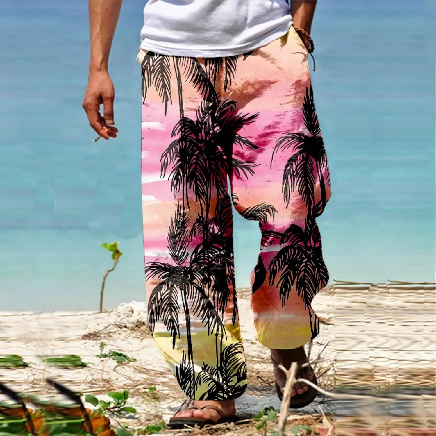 GIERIDUC Mens Casual Linen Pants Loose Fit Elastic Drawstring Waist Straight Leg Hippie Trousers Summer Yoga Beach Long Pants