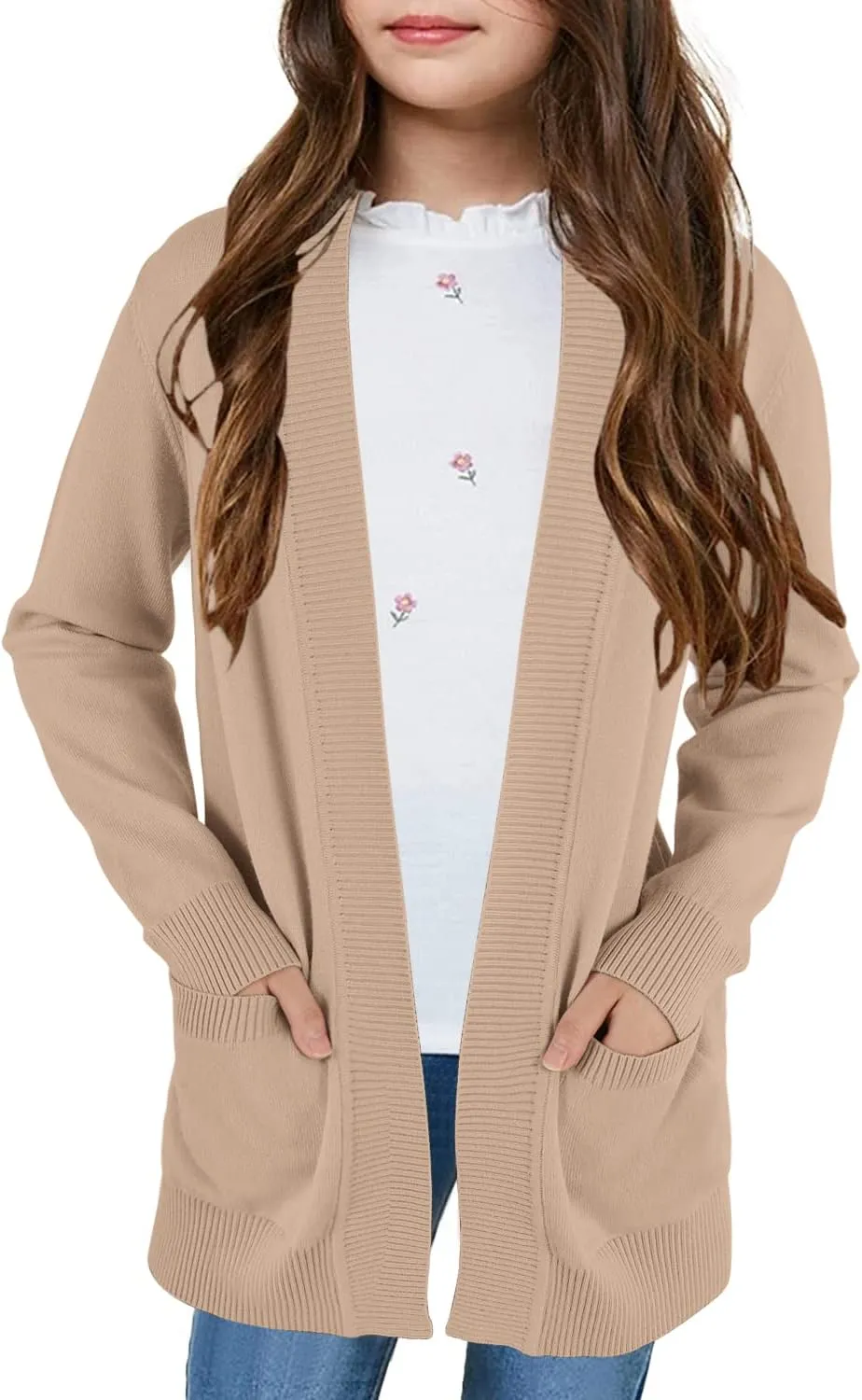 Girls Cardigan Knit Open Front Long Sleeve Sweaters Fall Casual Outwear with Pockets for 5-14 T Kids