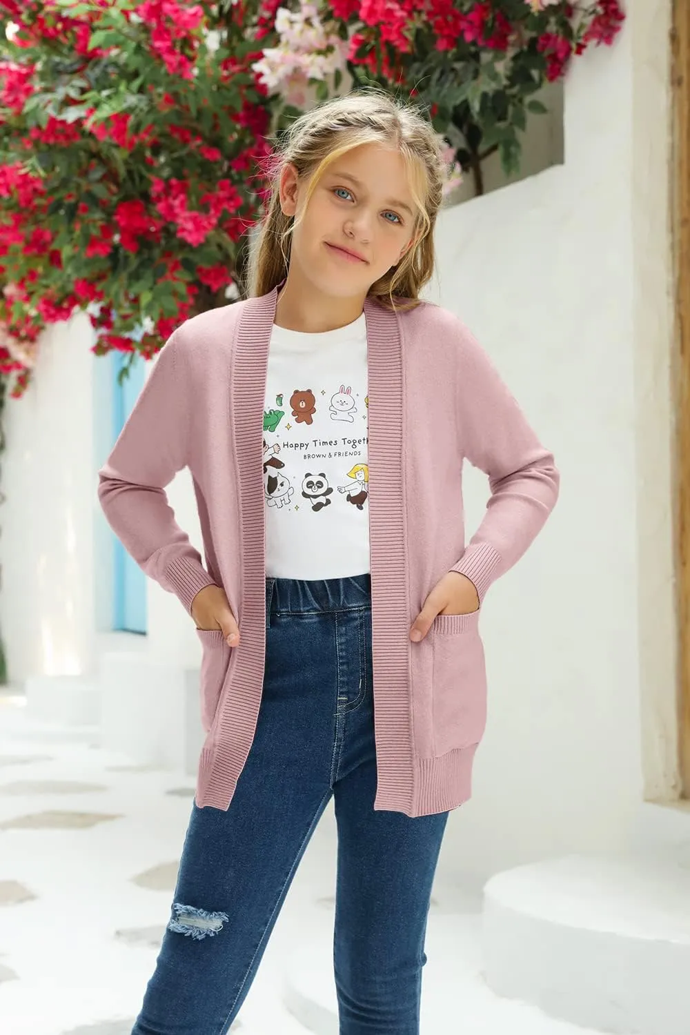 Girls Cardigan Knit Open Front Long Sleeve Sweaters Fall Casual Outwear with Pockets for 5-14 T Kids