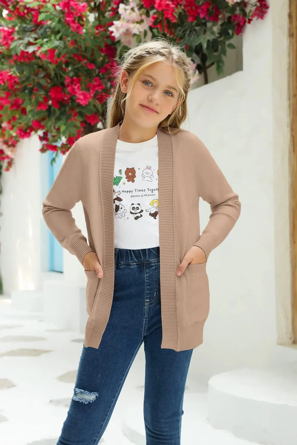 Girls Cardigan Knit Open Front Long Sleeve Sweaters Fall Casual Outwear with Pockets for 5-14 T Kids