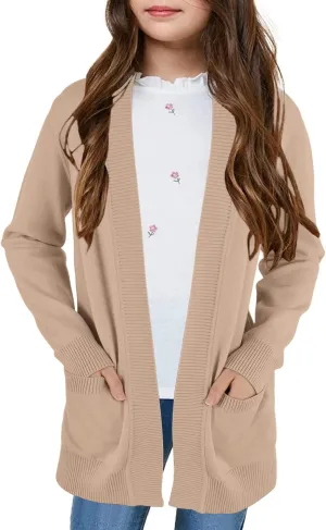 Girls Cardigan Knit Open Front Long Sleeve Sweaters Fall Casual Outwear with Pockets for 5-14 T Kids