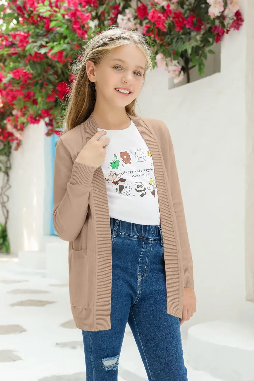 Girls Cardigan Knit Open Front Long Sleeve Sweaters Fall Casual Outwear with Pockets for 5-14 T Kids