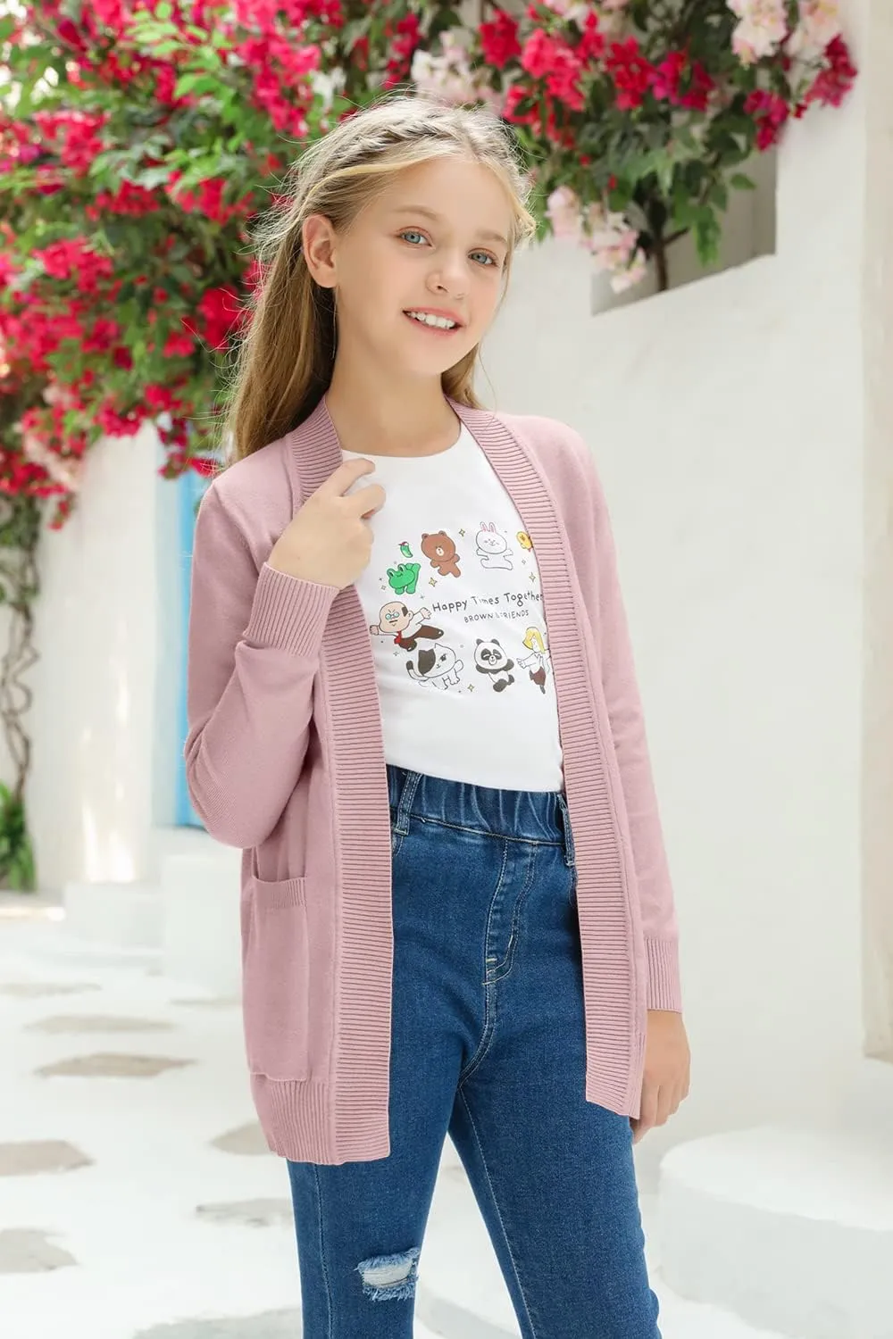 Girls Cardigan Knit Open Front Long Sleeve Sweaters Fall Casual Outwear with Pockets for 5-14 T Kids