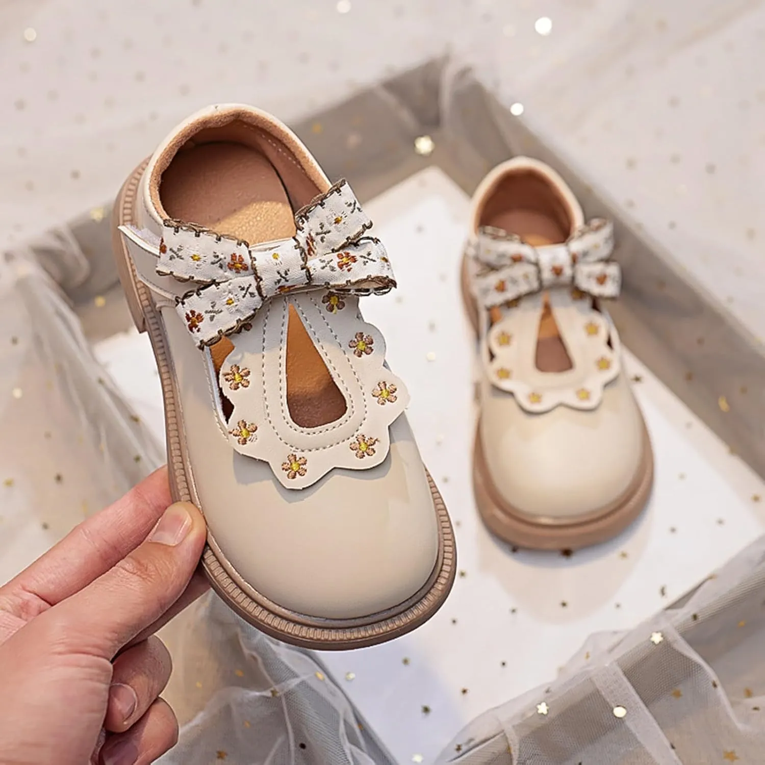 Girls Closed Toe Mary Jane Flats Flower Bow Tie Dress Shoes Soft Sole Leather Wedges Ballet Sandals Wedding Party
