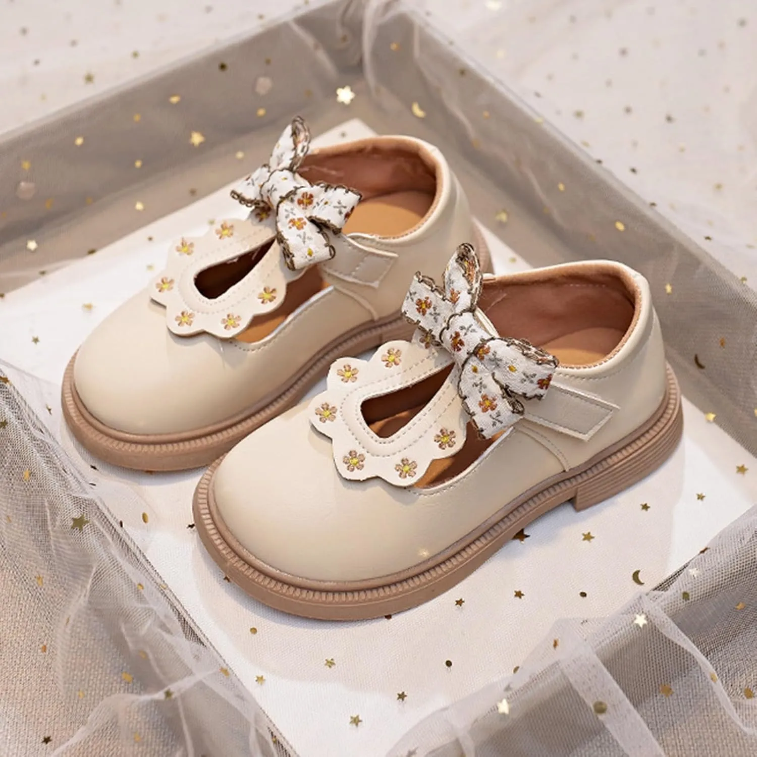 Girls Closed Toe Mary Jane Flats Flower Bow Tie Dress Shoes Soft Sole Leather Wedges Ballet Sandals Wedding Party