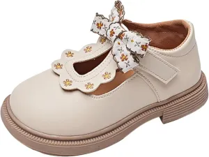 Girls Closed Toe Mary Jane Flats Flower Bow Tie Dress Shoes Soft Sole Leather Wedges Ballet Sandals Wedding Party