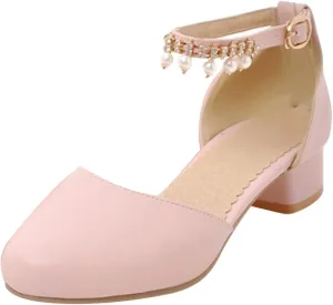 Girl's Low Heel Dress Pumps Mary Jane Dress Shoes Pearls Flower Girl Wedding Party Shoes Toddler Dress Shoes Girl