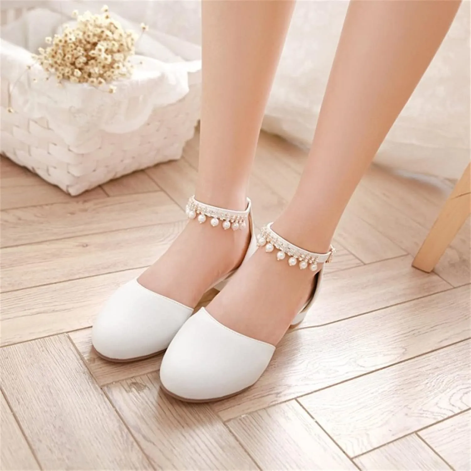 Girl's Low Heel Dress Pumps Mary Jane Dress Shoes Pearls Flower Girl Wedding Party Shoes Toddler Dress Shoes Girl