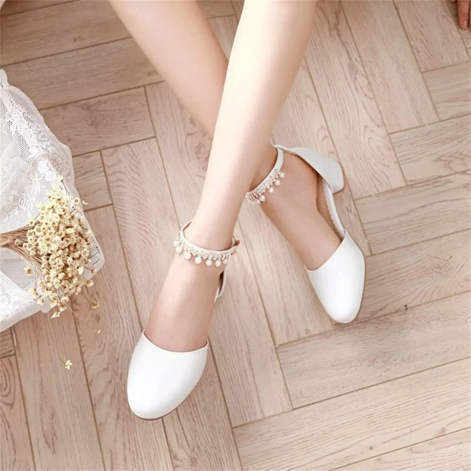 Girl's Low Heel Dress Pumps Mary Jane Dress Shoes Pearls Flower Girl Wedding Party Shoes Toddler Dress Shoes Girl