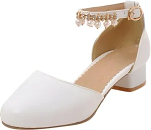 Girl's Low Heel Dress Pumps Mary Jane Dress Shoes Pearls Flower Girl Wedding Party Shoes Toddler Dress Shoes Girl