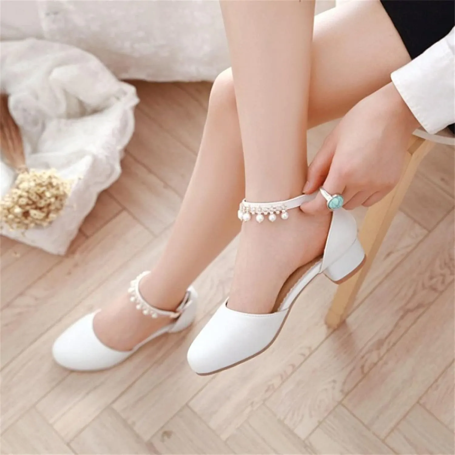 Girl's Low Heel Dress Pumps Mary Jane Dress Shoes Pearls Flower Girl Wedding Party Shoes Toddler Dress Shoes Girl