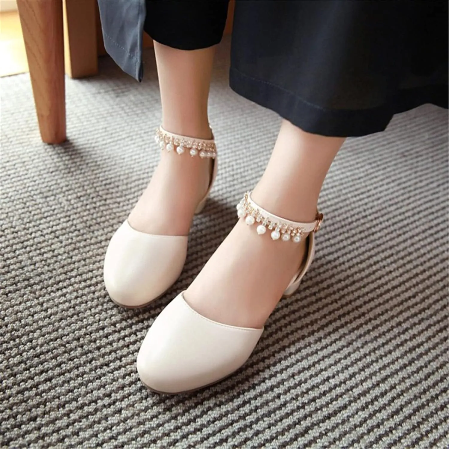 Girl's Low Heel Dress Pumps Mary Jane Dress Shoes Pearls Flower Girl Wedding Party Shoes Toddler Dress Shoes Girl