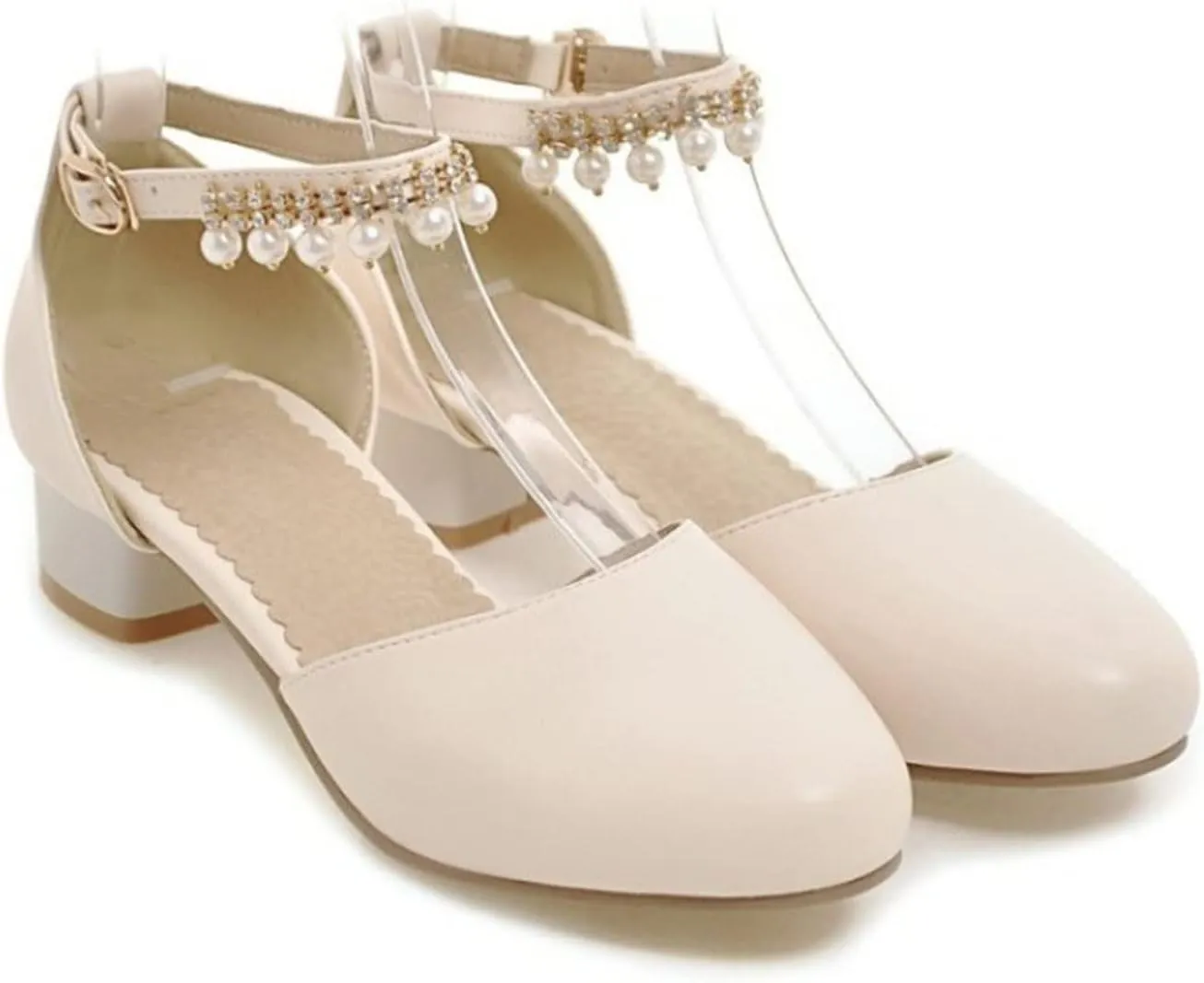 Girl's Low Heel Dress Pumps Mary Jane Dress Shoes Pearls Flower Girl Wedding Party Shoes Toddler Dress Shoes Girl