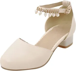 Girl's Low Heel Dress Pumps Mary Jane Dress Shoes Pearls Flower Girl Wedding Party Shoes Toddler Dress Shoes Girl