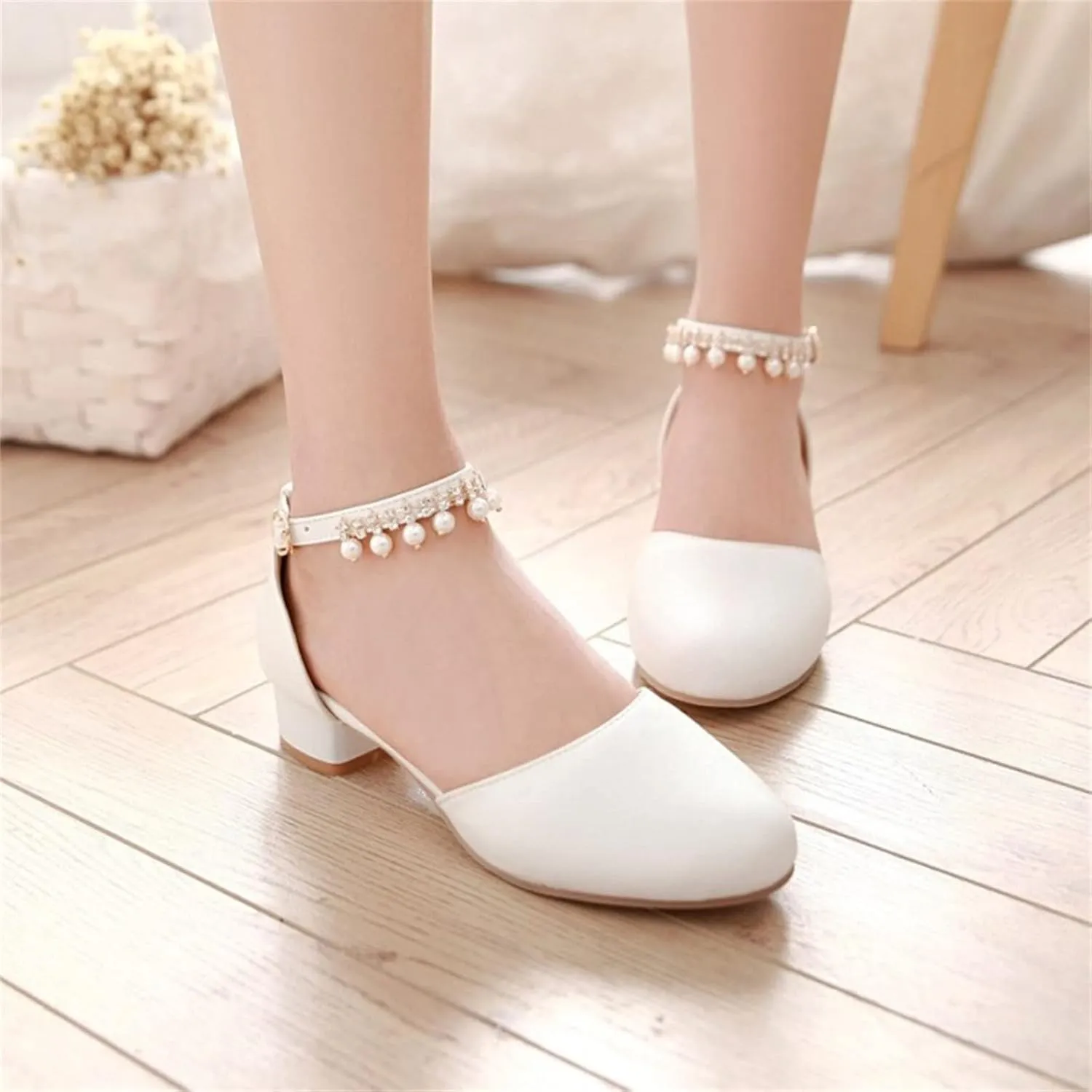 Girl's Low Heel Dress Pumps Mary Jane Dress Shoes Pearls Flower Girl Wedding Party Shoes Toddler Dress Shoes Girl