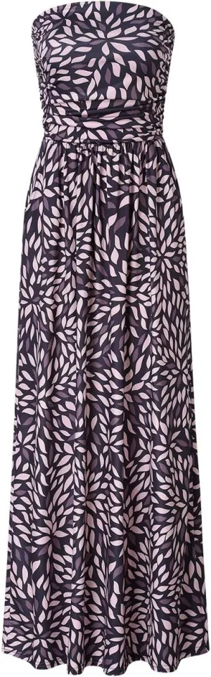 GloryStar Women Strapless Floral Print Bohemian Boho Maxi Dress Casual Off Shoulder Beach Party Dress with Pockets (L, A-Coffee Geometric Print)