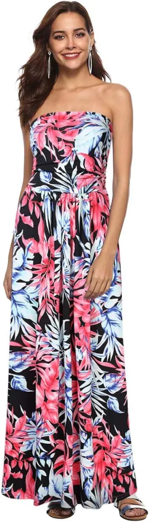 GloryStar Women's Summer Boho Strapless Midi Dresses High Waist Vintage Floral Print Maxi Long Dress with Pockets Black-Red XL