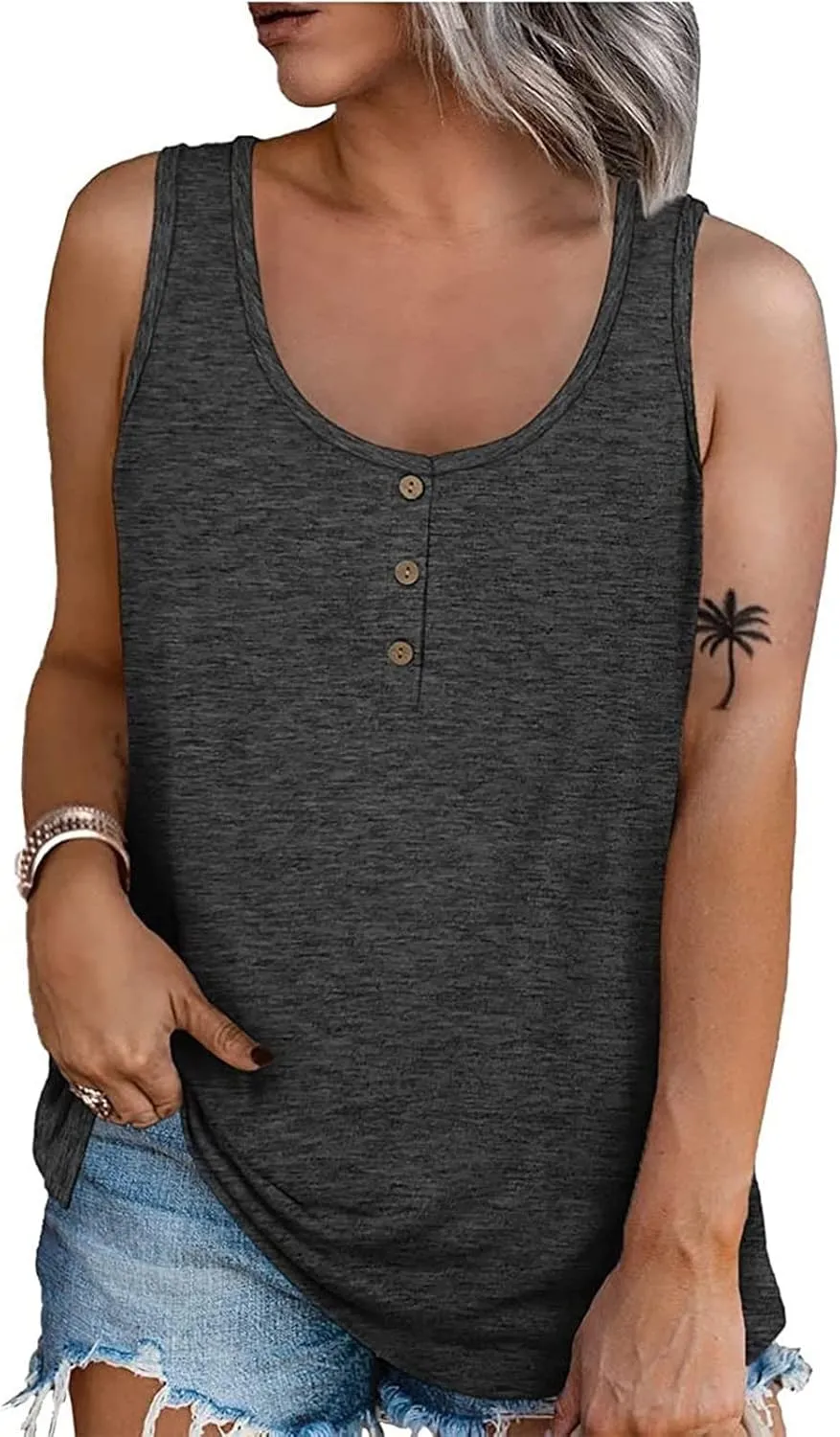 GOFULY Tank Top for Women Loose Fit Solid Plain Summer Oversized T Shirts Plus Size Tank Henley Button Down Sleeveless Top