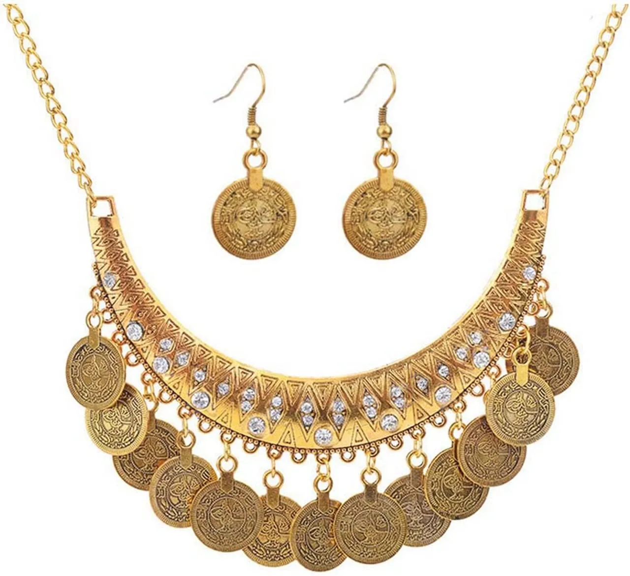 Gold Boho Coins Necklace Earrings Set Chunky Coin Tassel Ethnic Gypsy Statement Jewelry Set