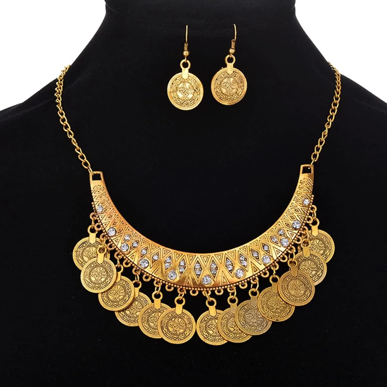 Gold Boho Coins Necklace Earrings Set Chunky Coin Tassel Ethnic Gypsy Statement Jewelry Set