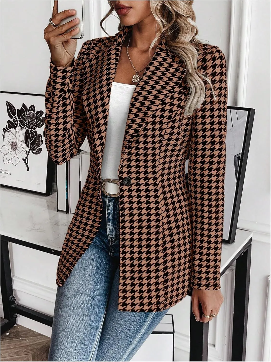 GORGLITTER Women's Houndstooth Long Sleeve Button Blazer Jackets Trendy Open Front Casual Business Work Office Blazers