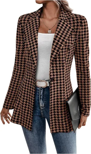GORGLITTER Women's Houndstooth Long Sleeve Button Blazer Jackets Trendy Open Front Casual Business Work Office Blazers