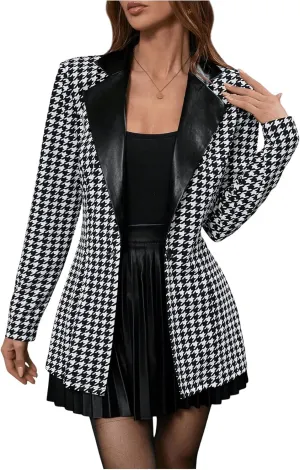 GORGLITTER Women's Houndstooth Long Sleeve Button Blazer Jackets Trendy Open Front Casual Business Work Office Blazers