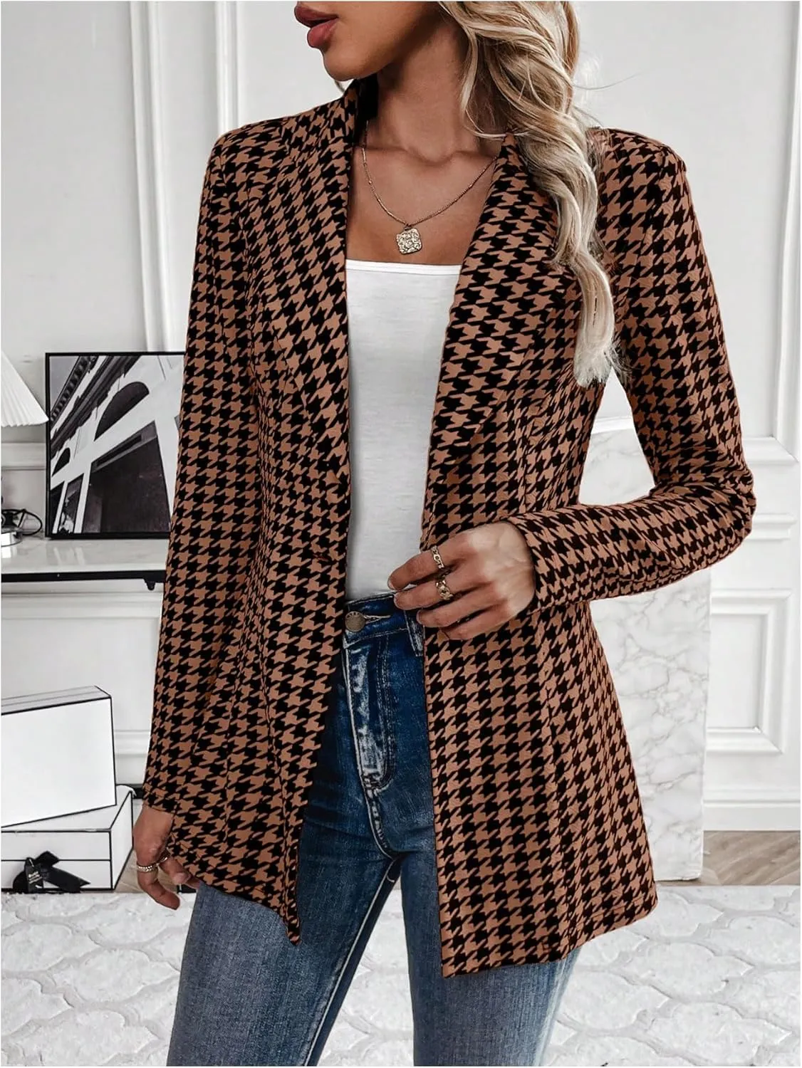 GORGLITTER Women's Houndstooth Long Sleeve Button Blazer Jackets Trendy Open Front Casual Business Work Office Blazers