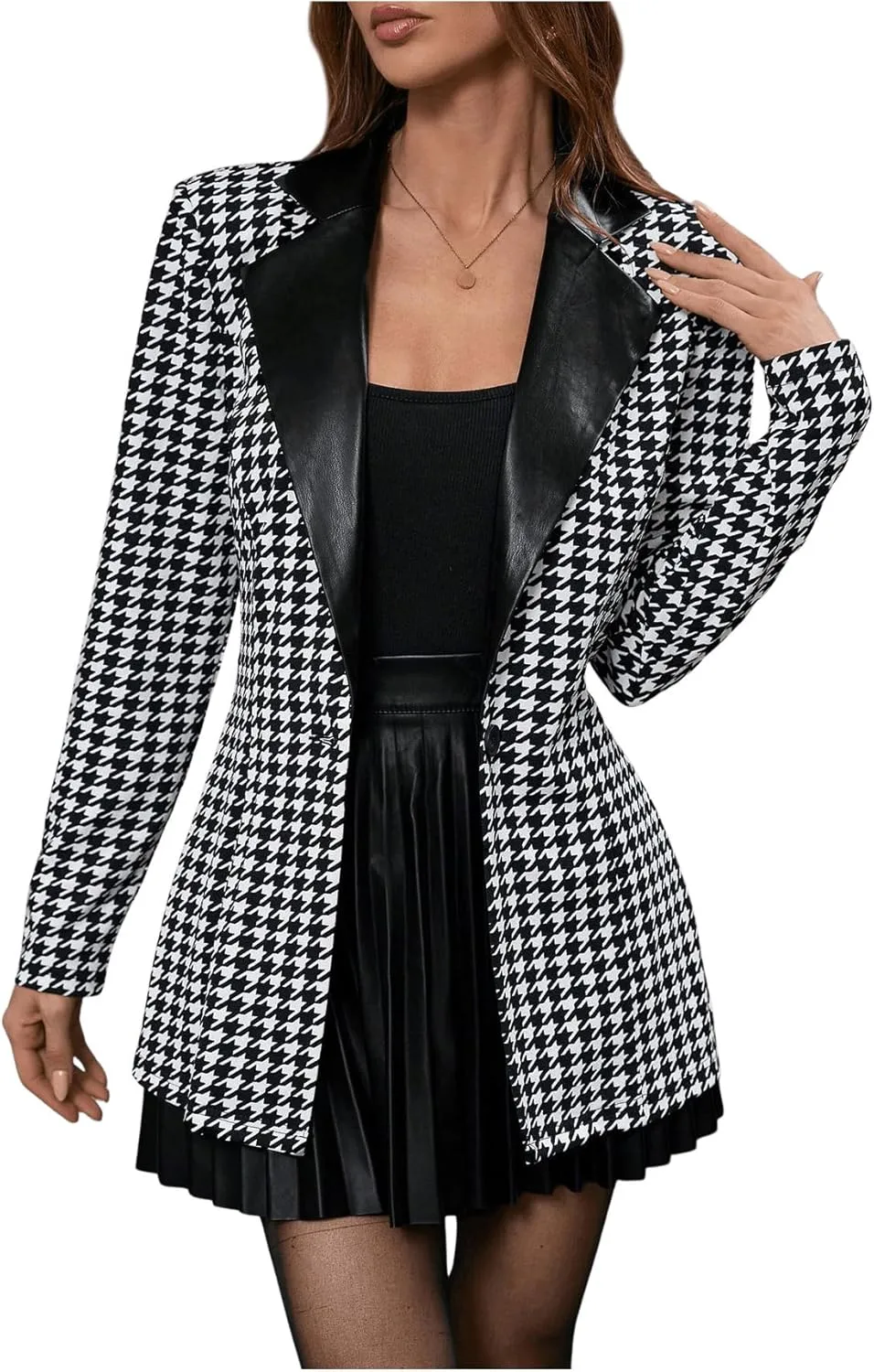 GORGLITTER Women's Houndstooth Long Sleeve Button Blazer Jackets Trendy Open Front Casual Business Work Office Blazers