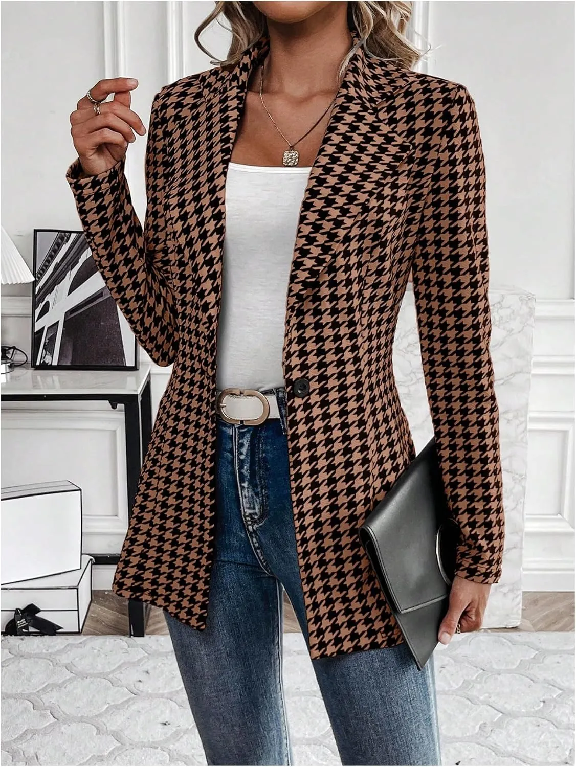GORGLITTER Women's Houndstooth Long Sleeve Button Blazer Jackets Trendy Open Front Casual Business Work Office Blazers