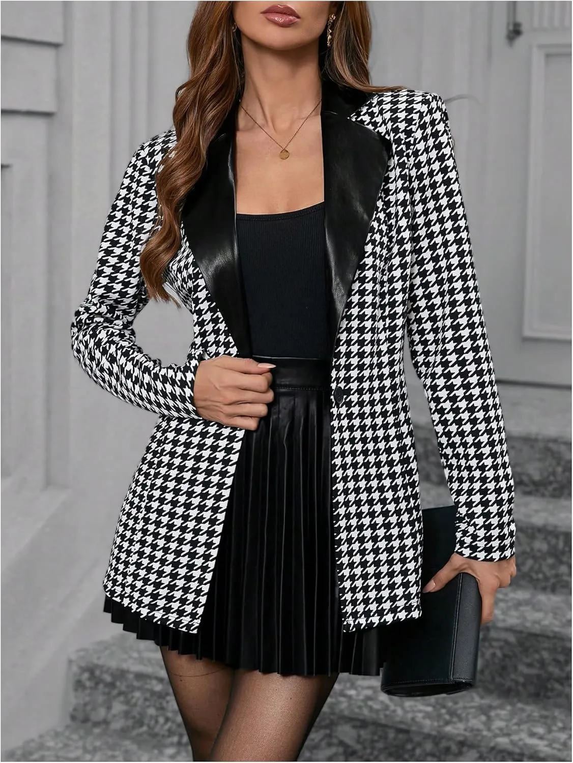 GORGLITTER Women's Houndstooth Long Sleeve Button Blazer Jackets Trendy Open Front Casual Business Work Office Blazers