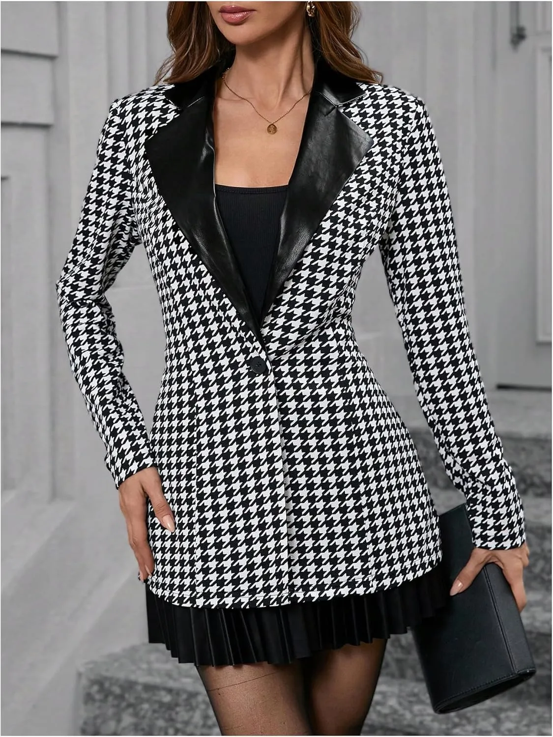 GORGLITTER Women's Houndstooth Long Sleeve Button Blazer Jackets Trendy Open Front Casual Business Work Office Blazers