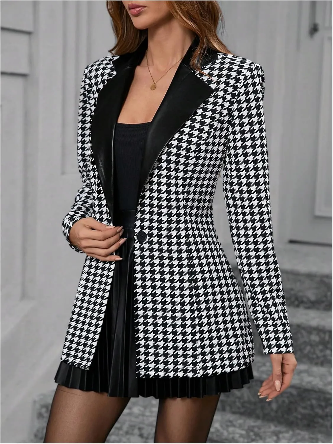 GORGLITTER Women's Houndstooth Long Sleeve Button Blazer Jackets Trendy Open Front Casual Business Work Office Blazers