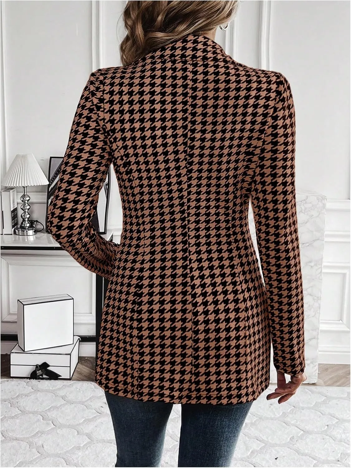 GORGLITTER Women's Houndstooth Long Sleeve Button Blazer Jackets Trendy Open Front Casual Business Work Office Blazers