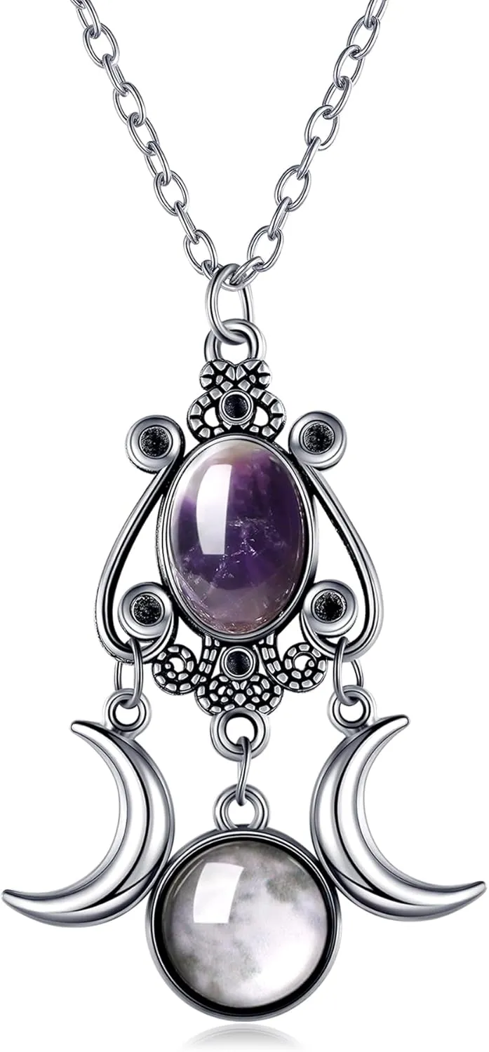 Gothic Moon Crystal Necklace Vintage Punk Black Crescent Necklace Red Statement Gothic Jewelry for Women Purple Halloween Costume Jewelry