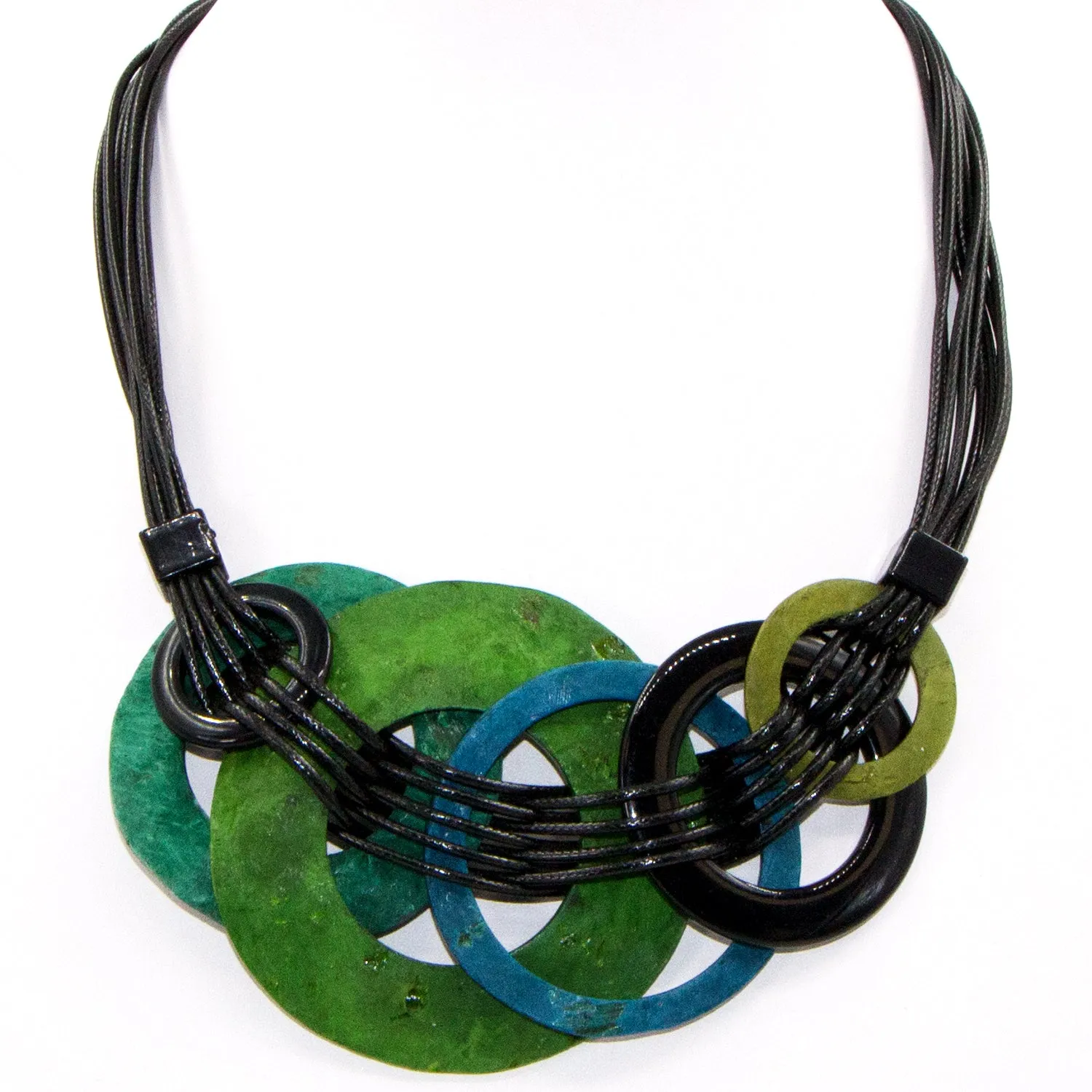 Green shell and resin multi rings statement wax card short necklace