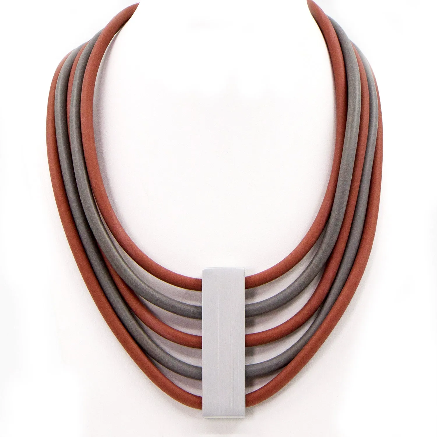Grey and pink rubber statement necklace with central bar