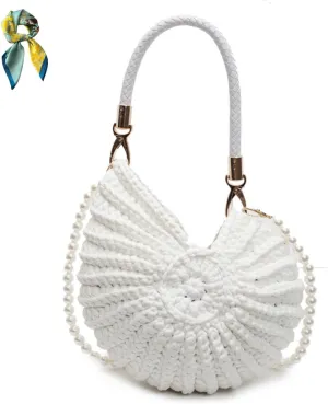 Handwoven Fashion Seashell Bag for Women,Stylish & Unique Boho Clutch with Pearl Strap,Crochet Leather Handle Beach Bag