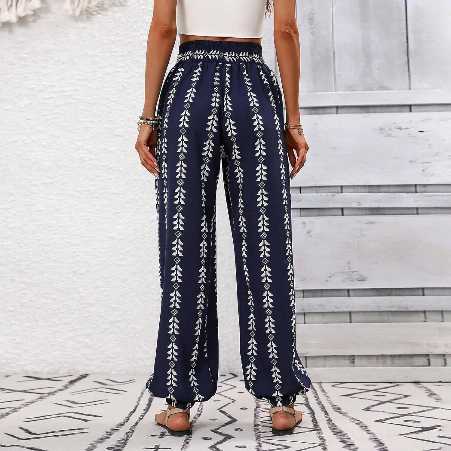 Harem Pants Women Elastic Drawstring High Waisted Jogger Pants Baggy Lounge Pants Soft Boho Yoga Pants with Pockets