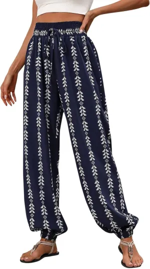 Harem Pants Women Elastic Drawstring High Waisted Jogger Pants Baggy Lounge Pants Soft Boho Yoga Pants with Pockets